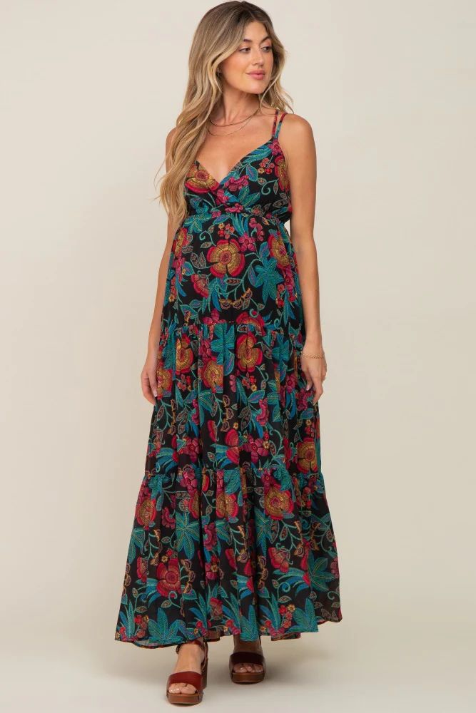 Black Floral Chiffon Criss Cross Back Tiered Maternity Maxi Dress | PinkBlush Maternity