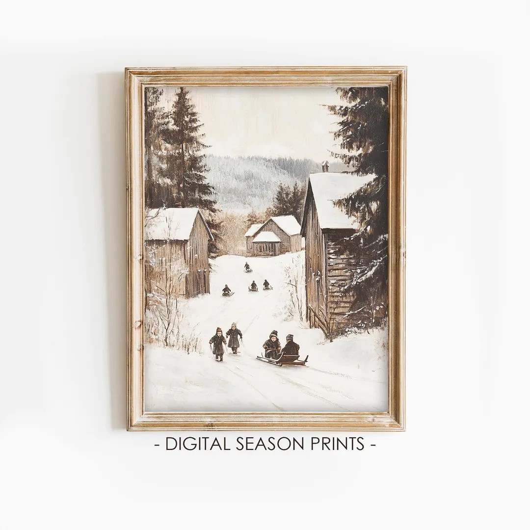Children Sledding Printable Wall Art, Vintage Winter Countryside Scene, Digital Download - Etsy | Etsy (US)