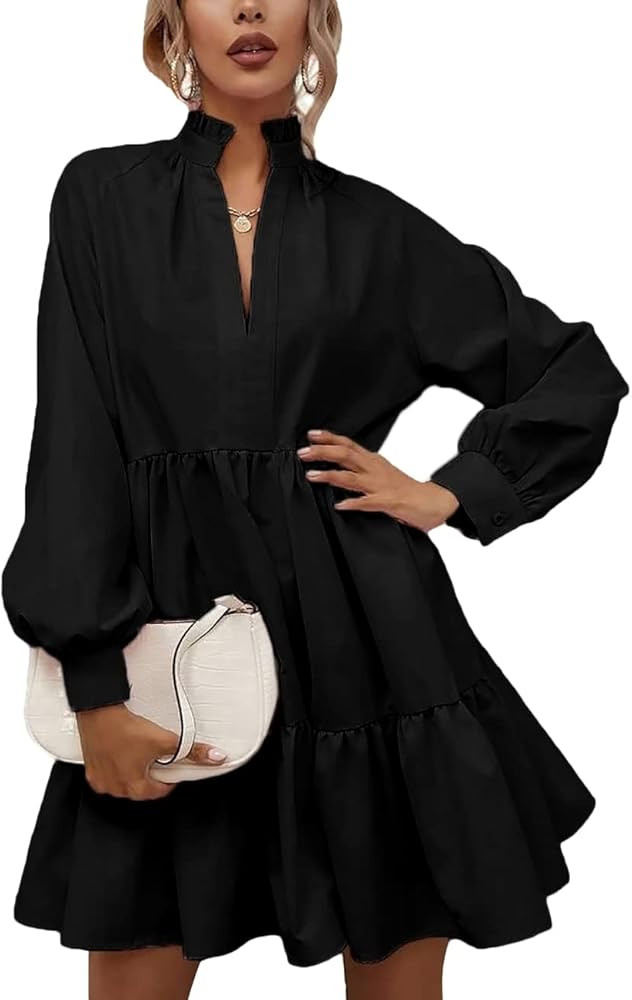 Rooscier Women's V Neck Lantern Long Sleeve Ruffle Babydoll Swing Mini Dress | Amazon (US)