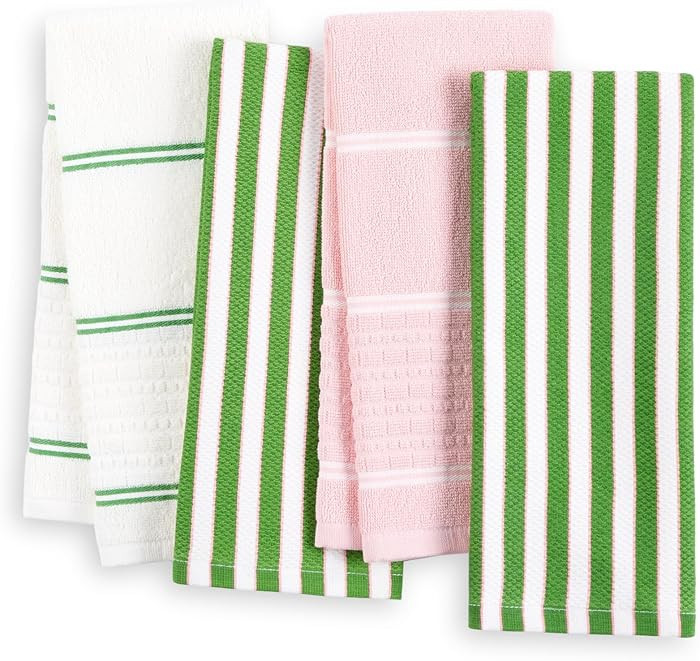 kate spade new york Botanical Stripe Kitchen Towels 4-Pack Set, Absorbent 100% Cotton, Green/Pink... | Amazon (US)