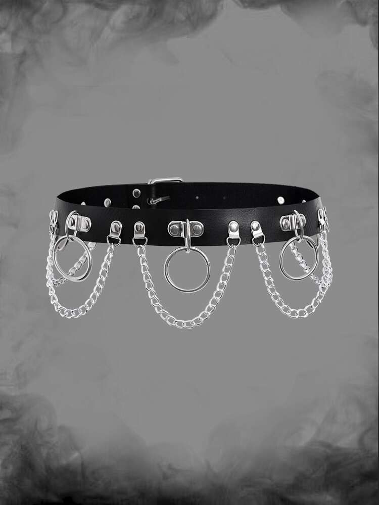 ROMWE Grunge Punk Ring & Chain Decor Square Buckle Belt | SHEIN