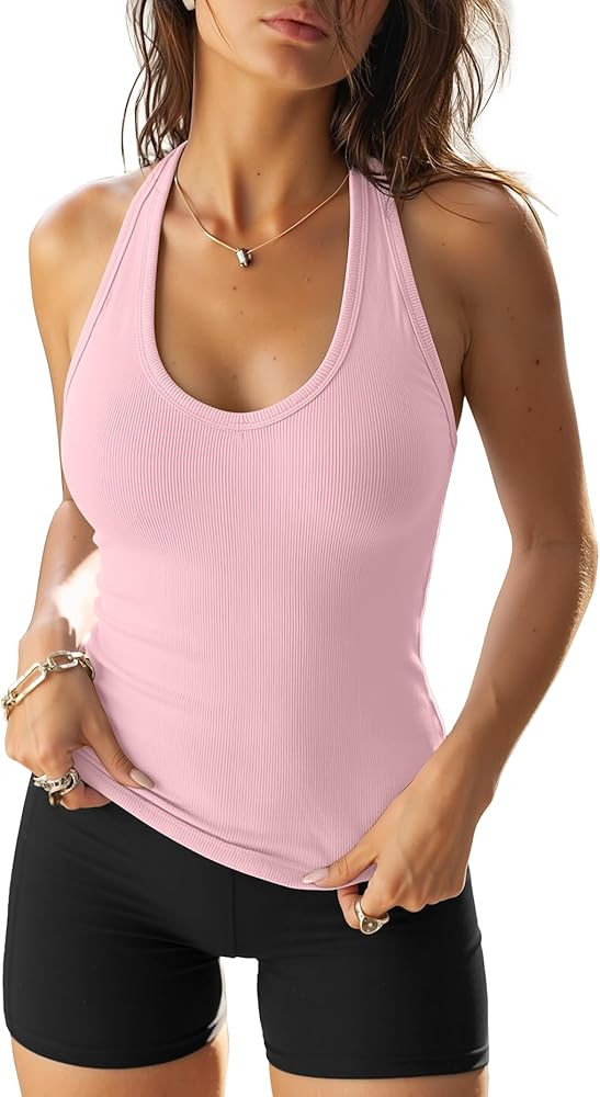 Darong Halter Tank Top for Women with Built in Bra Soft Ribbed V Neck Backless Cami Shirts Basic ... | Amazon (US)