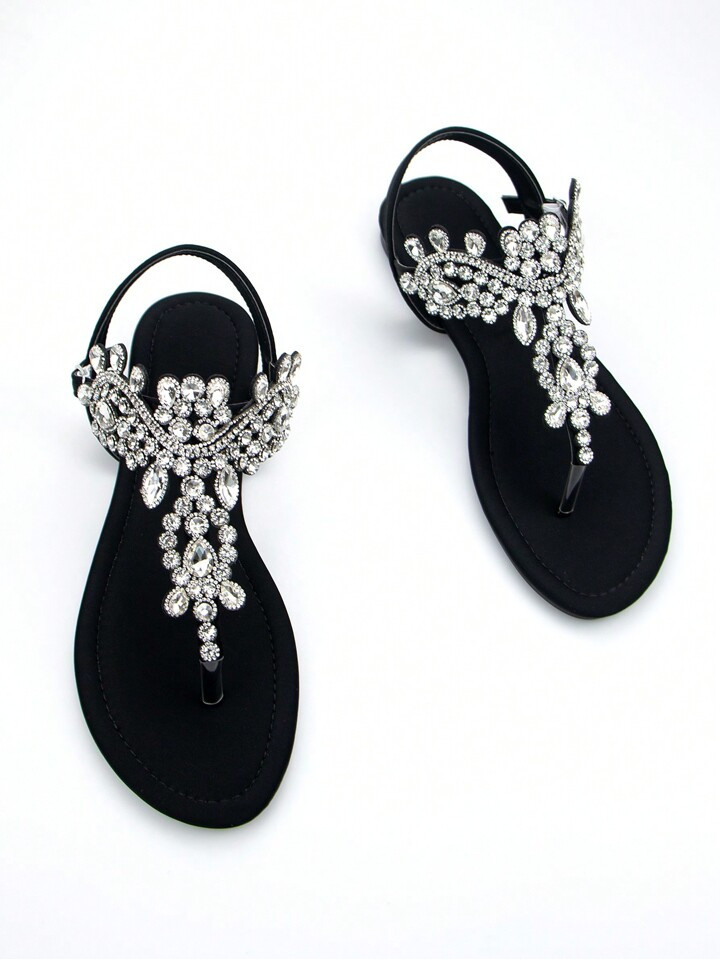 Women's Gorgeous Rhinestone Decor Black Lycra Fabric Comfortable Flat Sandals With Ankle Strap | SHEIN