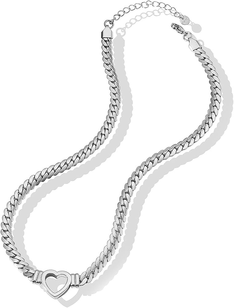 Loqimu Flat Cuban Link Chunky Chain Necklace Gold Stainless Steel Hollow Heart Charms Choker Clav... | Amazon (US)