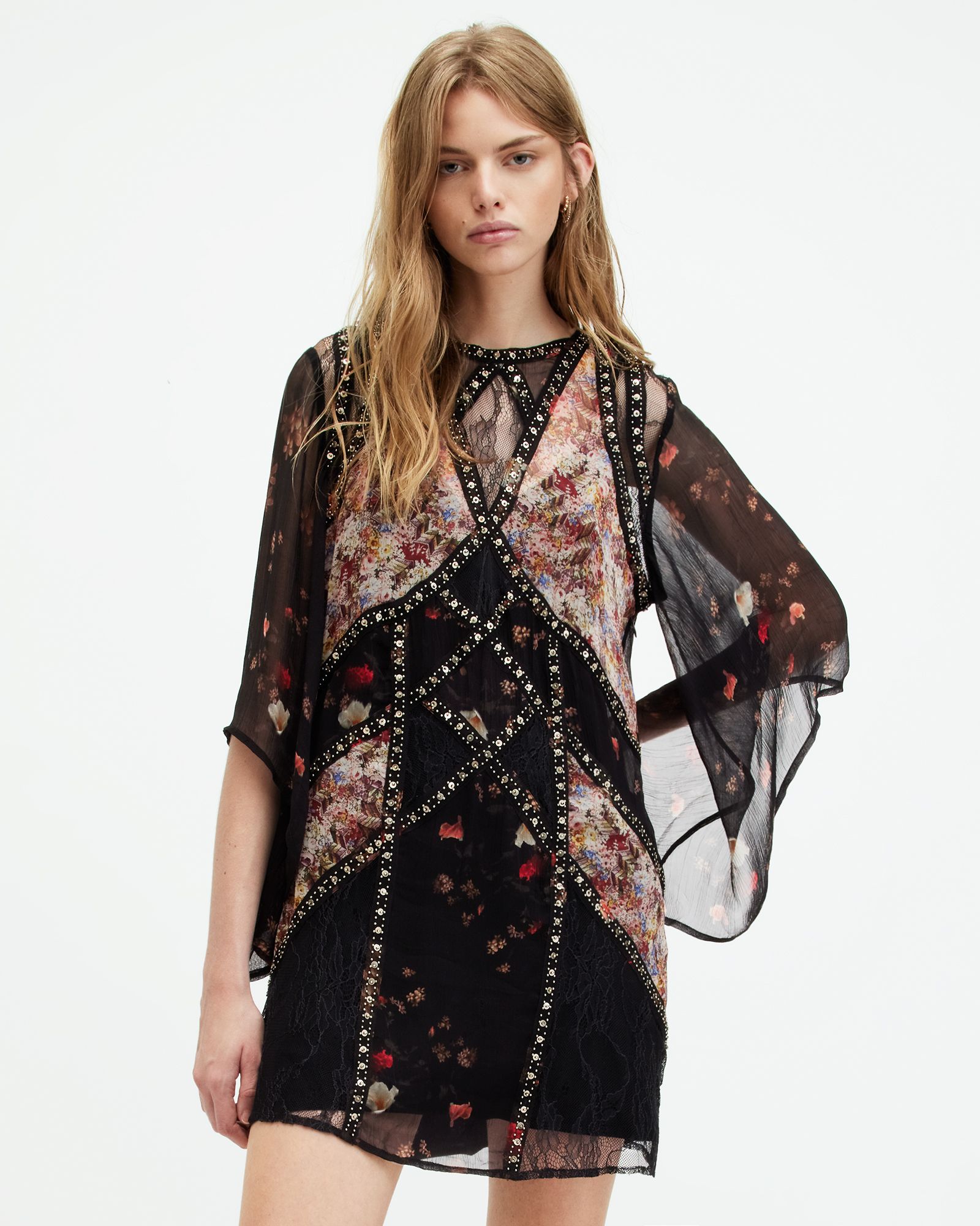 Lucia Lace Embellished Mini Dress Black | ALLSAINTS | AllSaints UK