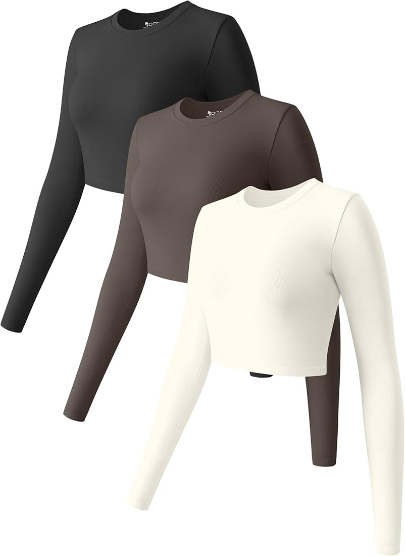 OQQ Women 3 Piece Crop Tops Long Sleeve Crew Neck Stretch Fitted Underscrubs Shirts Crop Tops | Amazon (US)