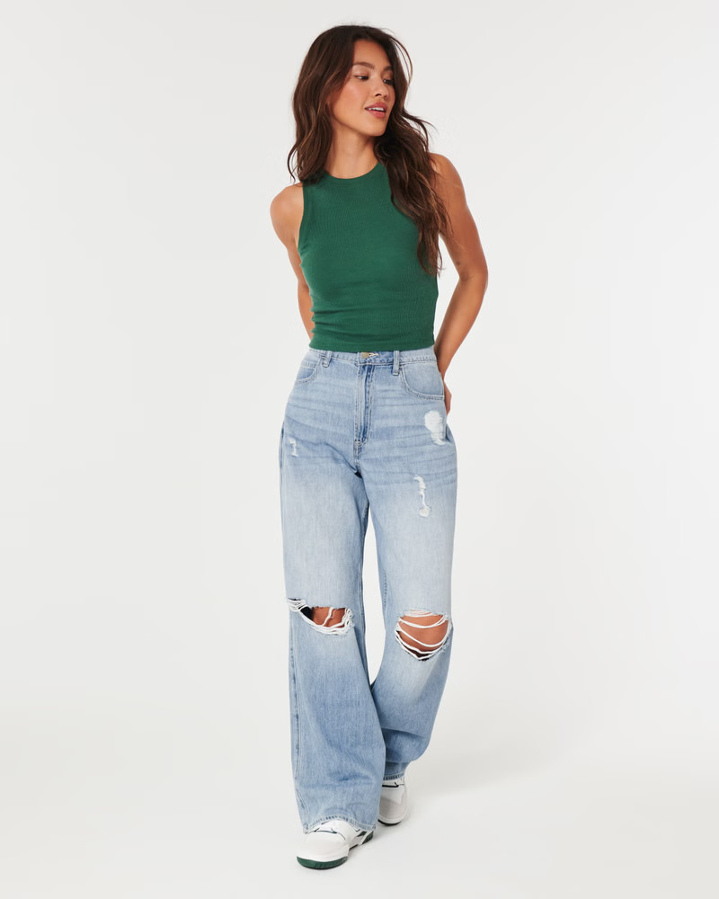 Ultra High-Rise Lightweight Ripped Medium Wash Baggy Jeans | Hollister (US)