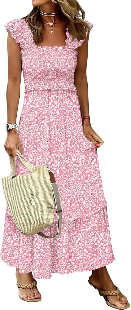 ANRABESS Womens Summer Sleeveless Maxi Dress Square Neck Smocked Boho Casual Ruffle Strap Flowy A... | Amazon (US)