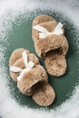 Maeve Faux-Fur Open-Toe Bow Slippers | Anthropologie (US)