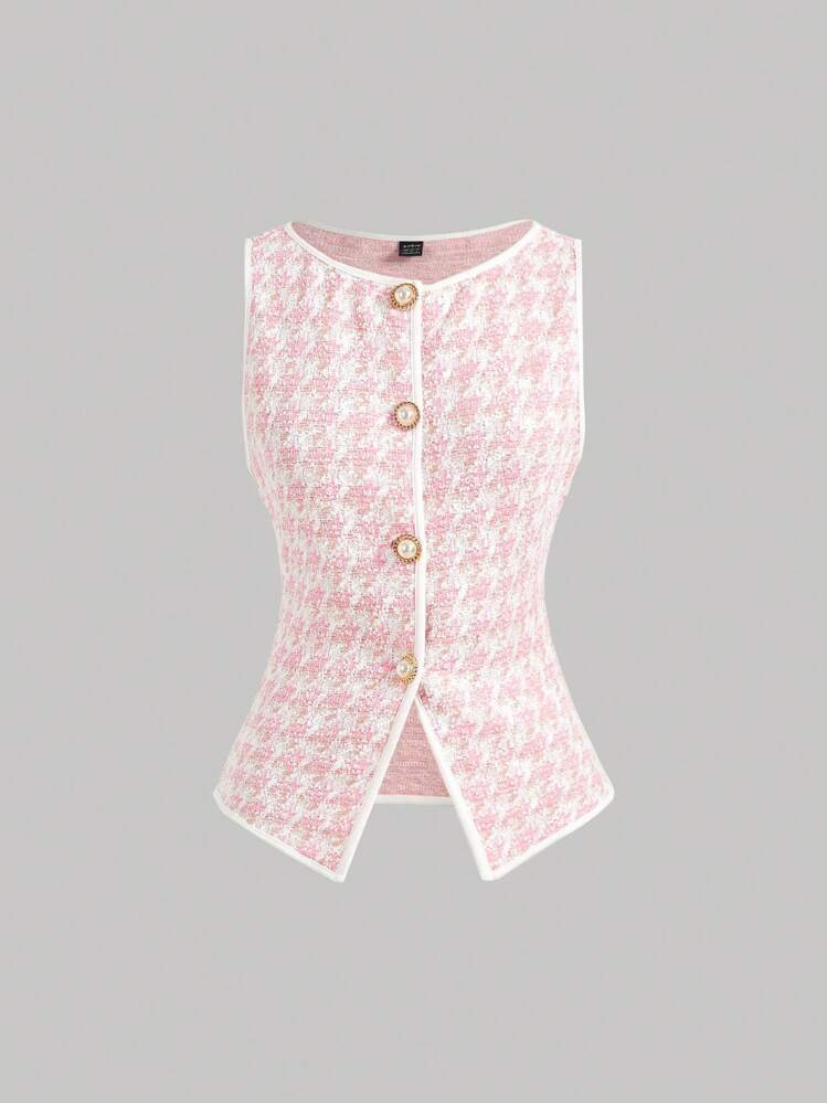 SHEIN MOD 1 pieza Chaleco de punto vintage con solapa \u00fanica de mujer a cuadros pata de gallo | SHEIN