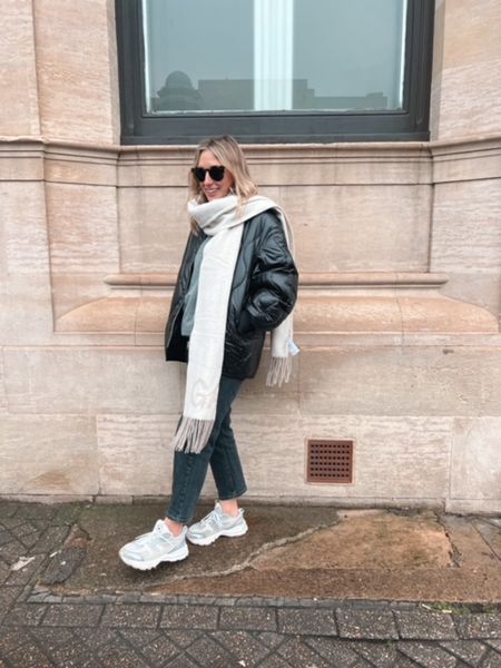 Autumn outfit, transitional outfit, grey scarf, knit scarf, fringe scarf, black jacket, quilted jacket, black jeans, straight jeans, white trainers, mesh trainers, chunky trainers, Everlane, Levi’s, Ganni, River Island, Whistles, Flannels

#LTKstyletip #LTKeurope #LTKSeasonal