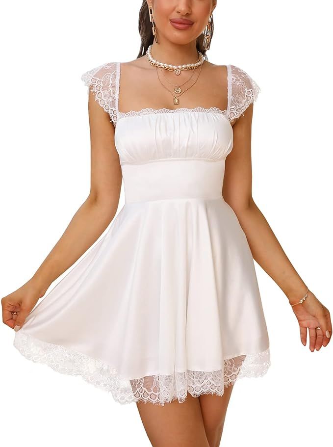 Ellefemme Women's Satin Lace Strap Mini Dress Square Neck Flowy A-Line Ruffle Swing Short Dresses | Amazon (US)