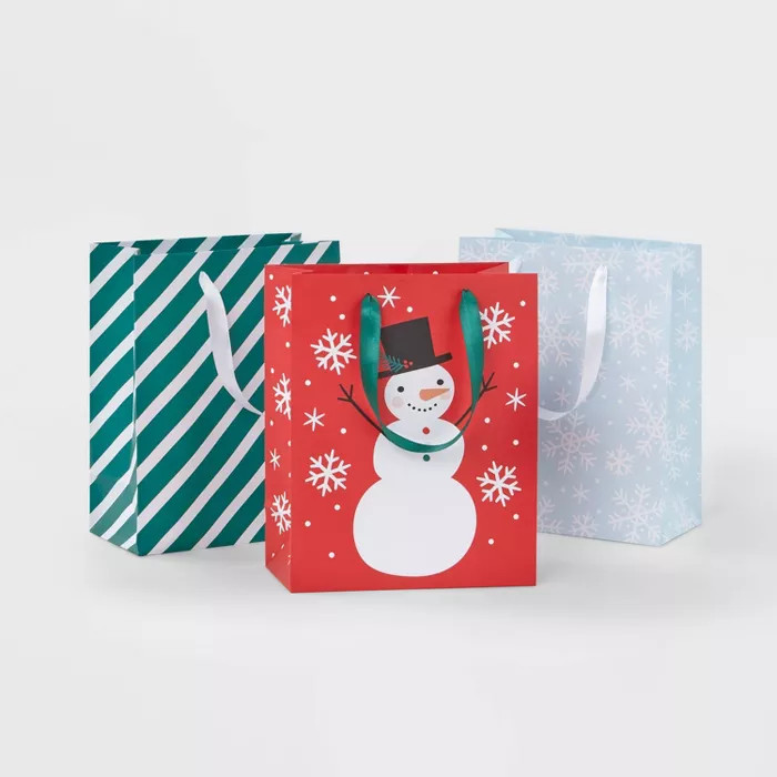 3ct Snowman/Snowflakes/Stripes Cub Gift Bags Green/Red - Wondershop™ | Target