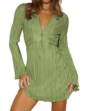 Women's V Neck Pleated Mini Dress Casual Flared Long Sleeve Plisse Tunic Dresses with Belt Party ... | Amazon (US)