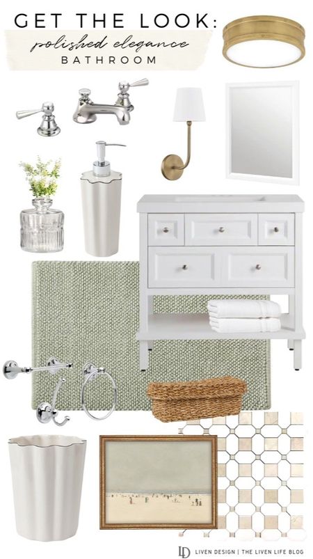 bathroom decor. white bathroom vanity. brass dome flush mount light. green bath mat. bathroom hardware. wastebasket. storage basket. floor tile. bathroom faucet. wall sconce. vanity sconce. bathroom mirror. 

#LTKSeasonal #LTKhome #LTKstyletip