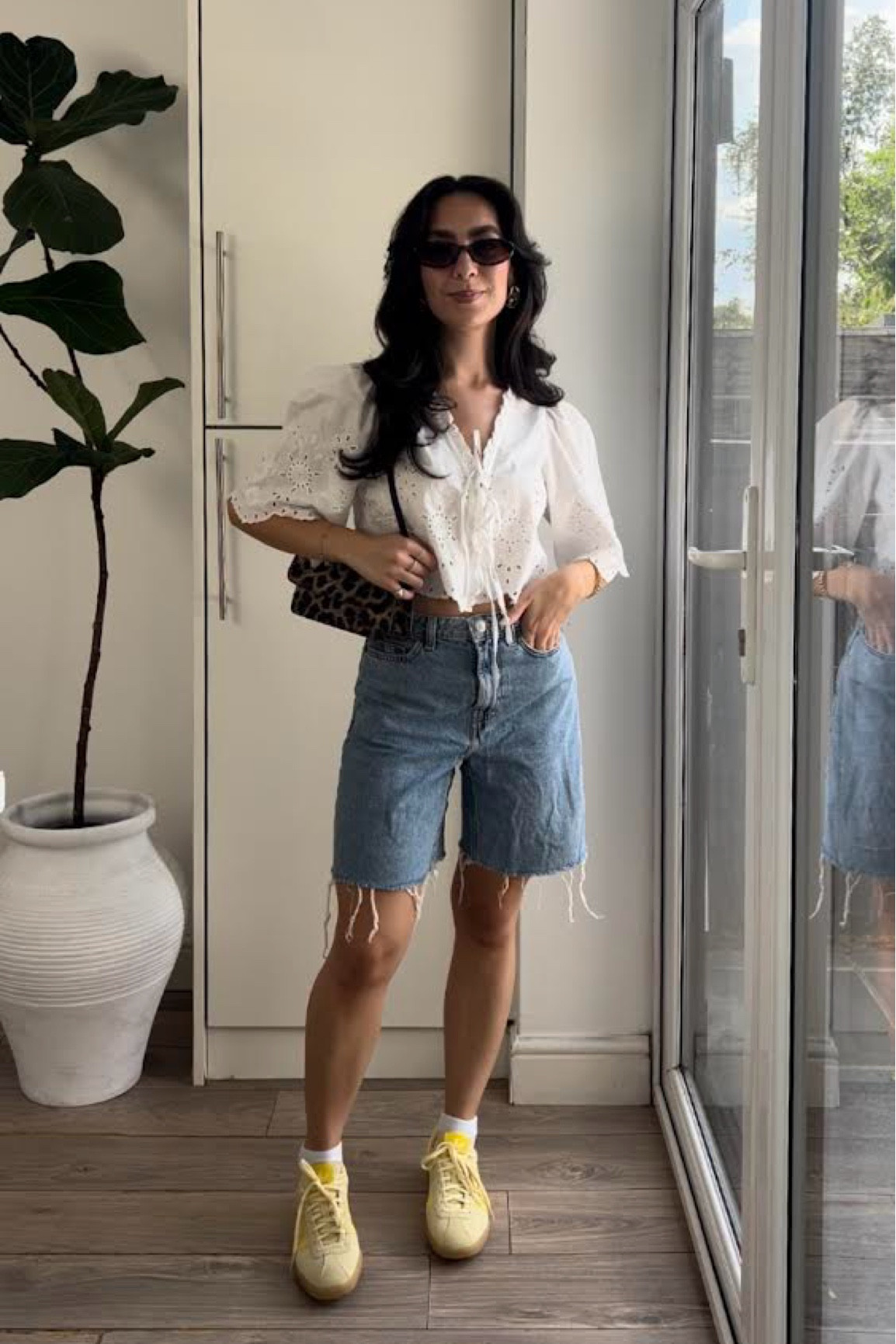 Summer outfit, H&M shirt, broderie anglaise shirt, long denim shorts, adidas Bermuda yellow trainers, asos, cotton on sunglasses, leopard print bag 

#LTKsummer #LTKstyletip #LTKuk