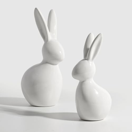 Easter Decorations: Elegant White Ceramic Bunny Figurines Set of 2, Cute Farmhouse Rustic Easter ... | Amazon (US)