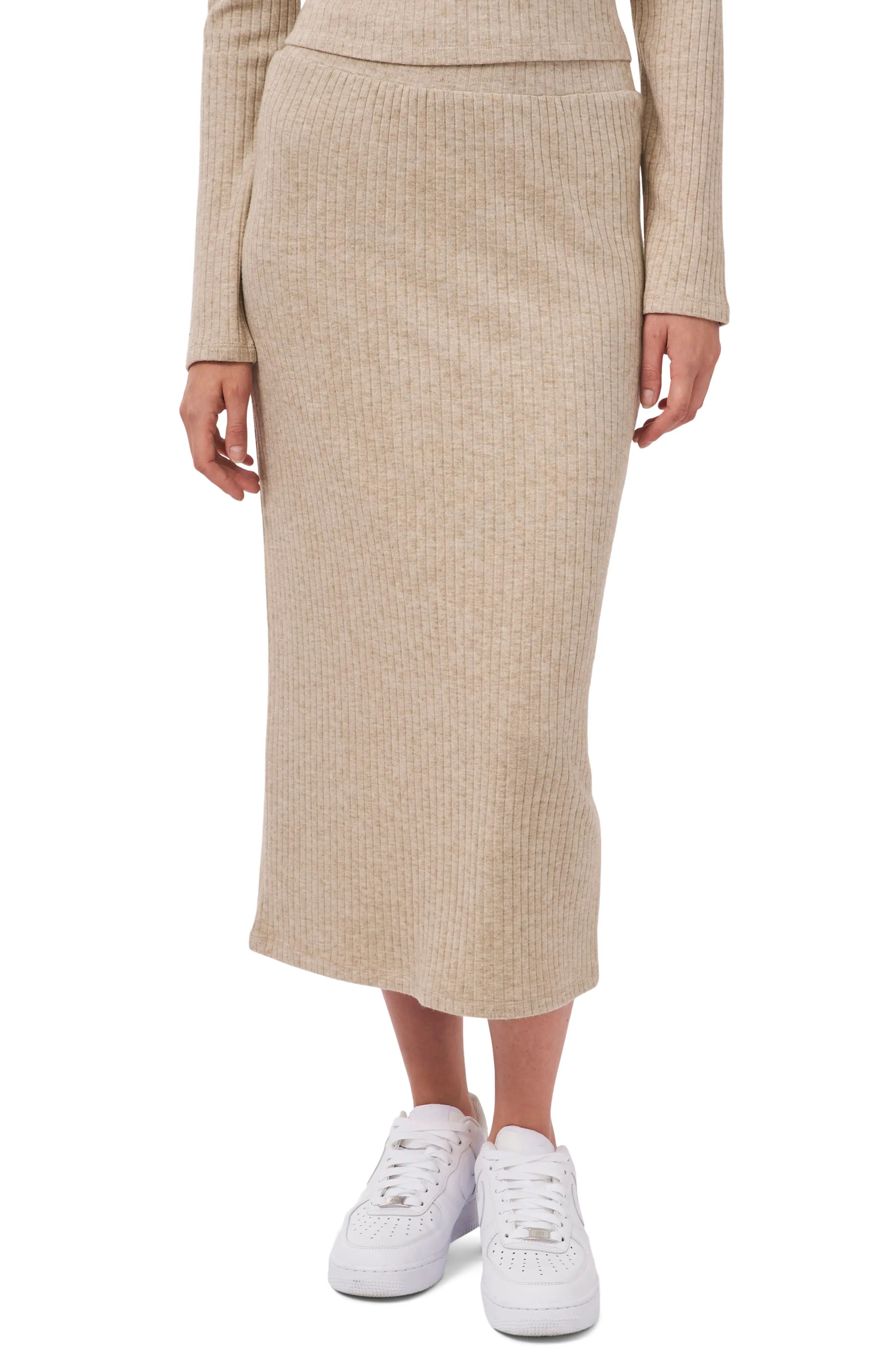 1.STATE Ribbed Sweater Midi Skirt, Size Small in Chino Heather at Nordstrom | Nordstrom