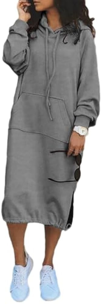 BAIREG Women's Long Hoodie Dress Oversized Drawstring Sweatshirt Side Slit Casual Elastic Hem Dre... | Amazon (US)
