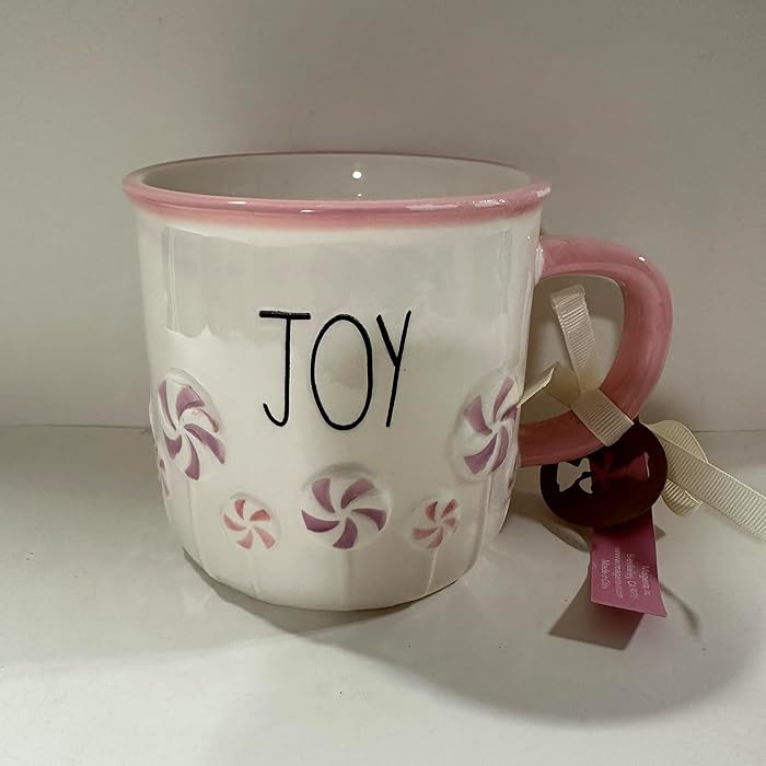 Rae – JOY Ceramic Mug (White with Pink Handle & Peppermint Candy Design) | coffee cup, hot coco... | Amazon (US)