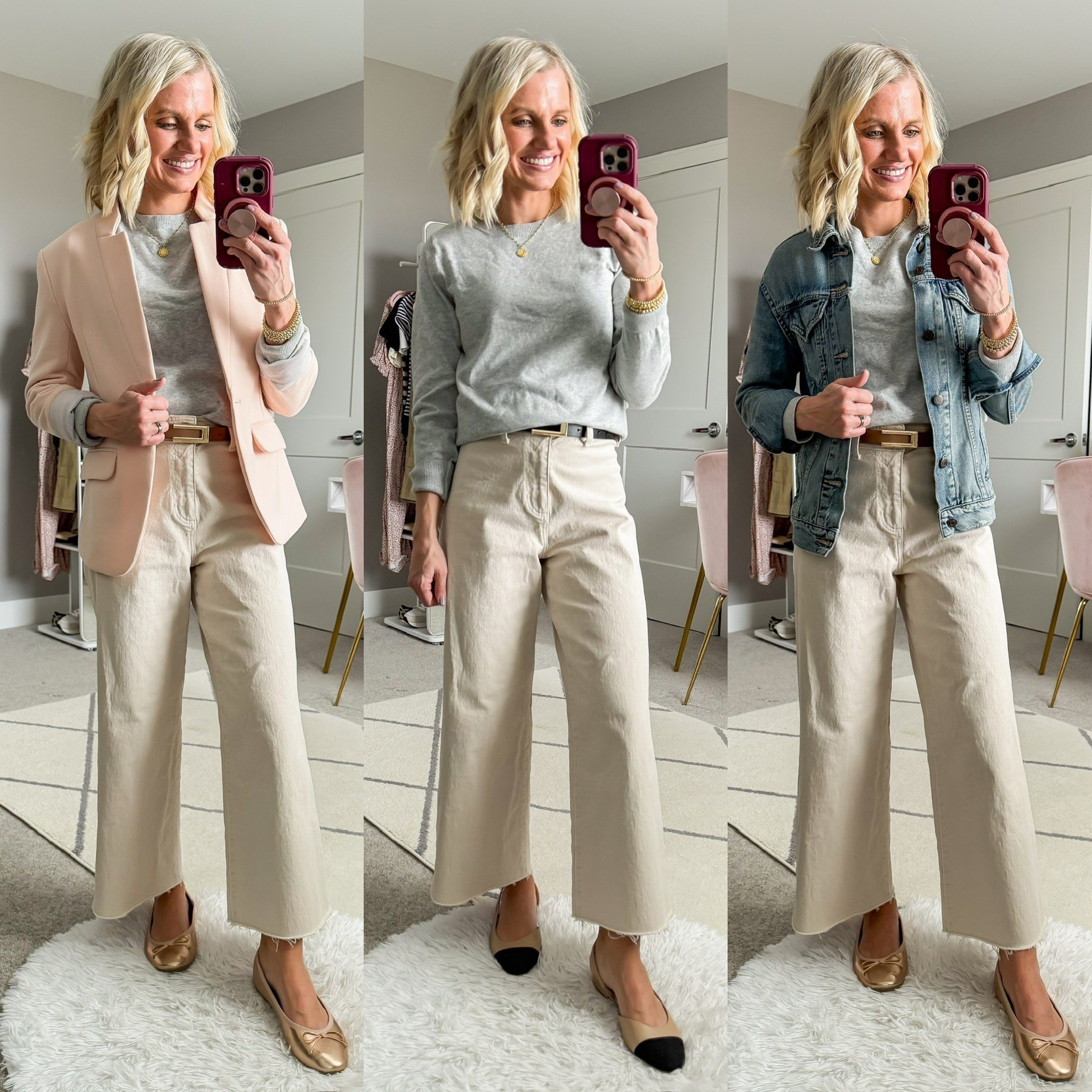 Spring capsule wardrobe outfits with beige cropped wide leg jeans and a gray sweater  

#LTKStyleTip #LTKSeasonal #LTKPetite