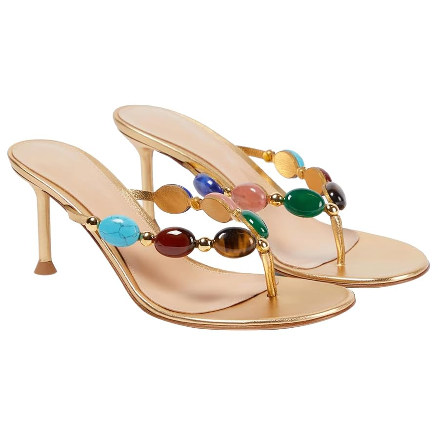 Women's Jeweled Thong Strappy Sandal Summer Mules Kitten Heels Flip Flop Round Open Toe Mid Heels... | Amazon (US)