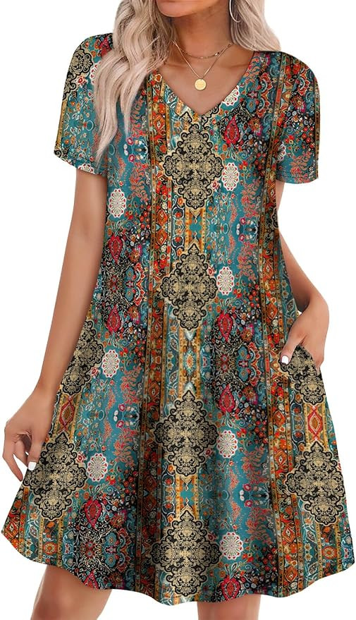 WIHOLL Boho Summer Dresses for Women Casual Loose T Shirt Dress with Pockets Beach Vacation Outfi... | Amazon (US)