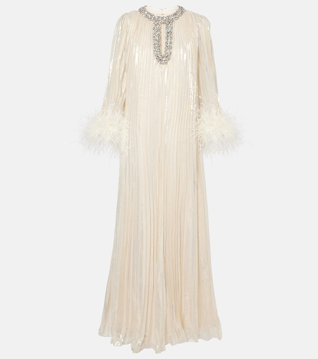 Feather-trimmed silk-blend maxi dress | Mytheresa (UK)