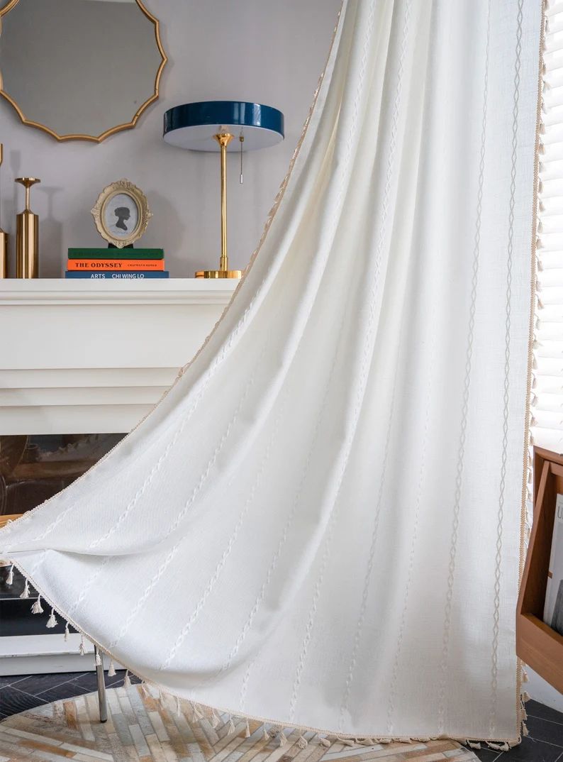 Boho Handmade Curtain Cotton Linen White Curtain With Tassels - Etsy | Etsy (US)