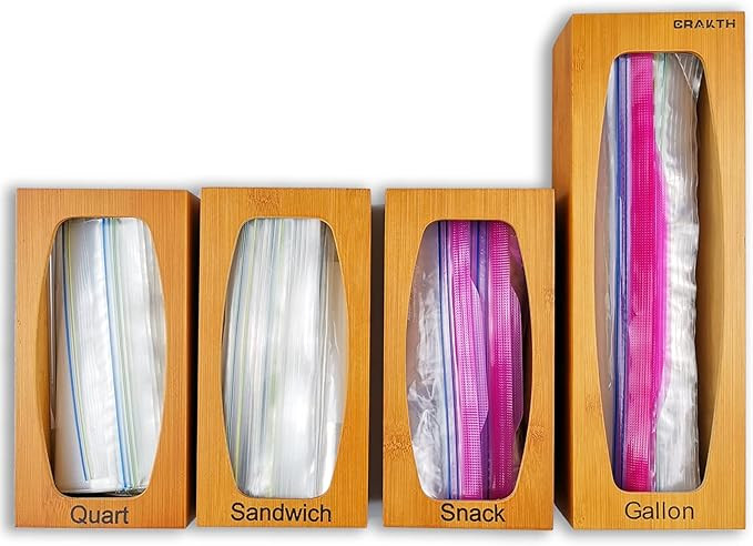 CRAKTH Bamboo Ziplock Bag Storage Organizer for Kitchen Drawer, 4 Separate Baggie Organizer, Suit... | Amazon (US)