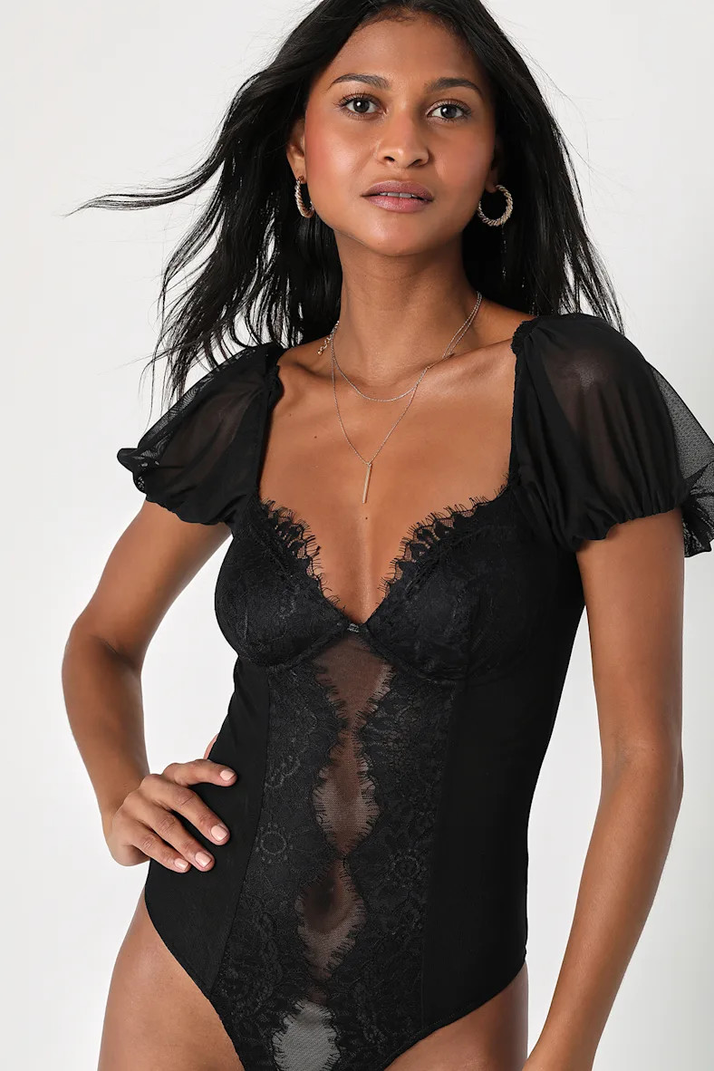 Stay Sultry Black Mesh Lace Puff Sleeve Bodysuit | Lulus