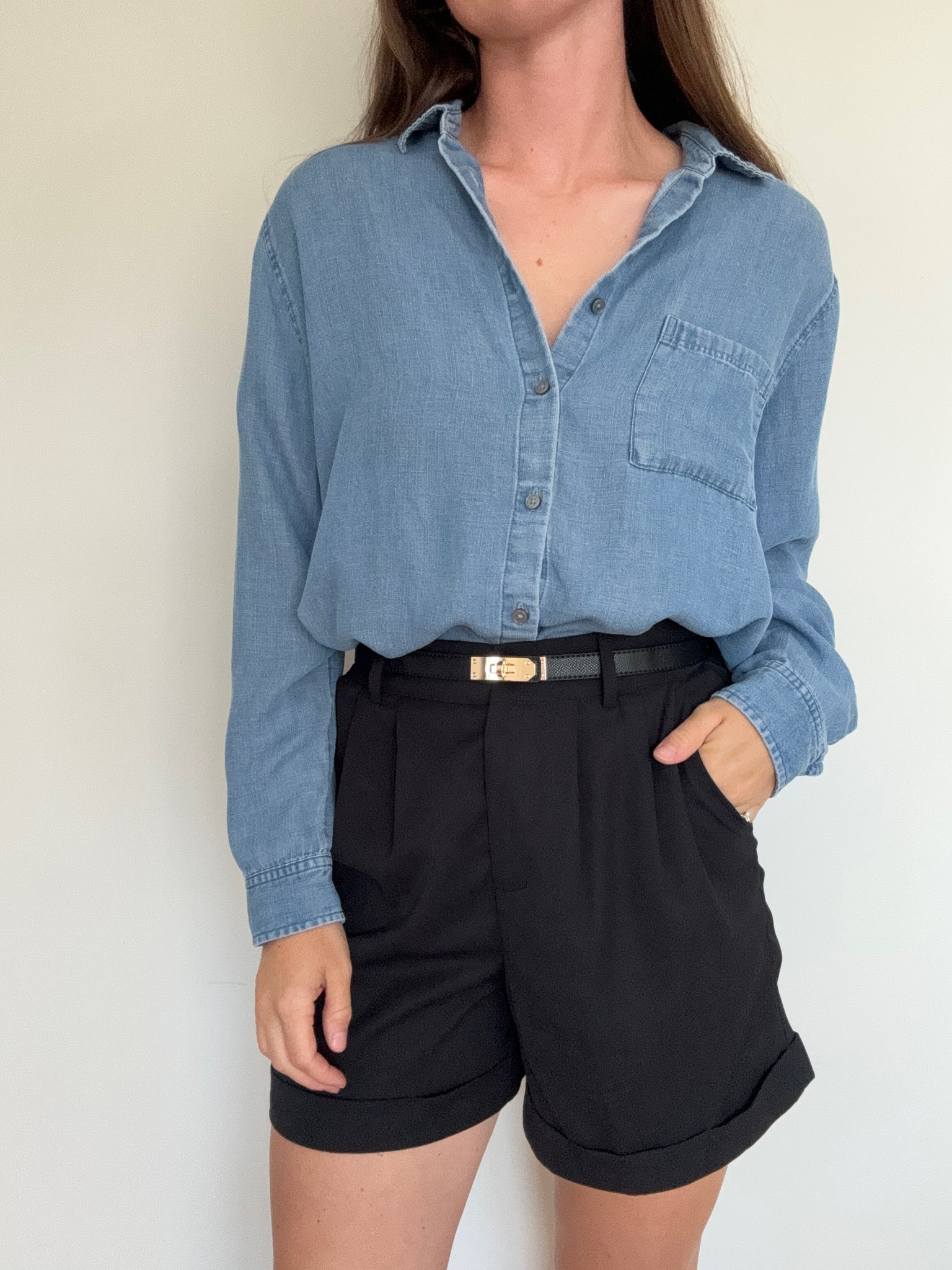 Todays outfit of the day 🤍 

Denim shirt | pleated shorts | fall outfit | transitional outfit | fall shorts outfit 

#LTKSeasonal