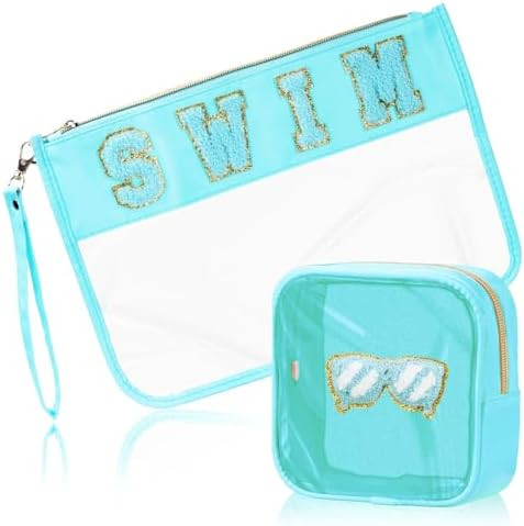 2 Pcs Swim Bag Cosmetic Makeup Bag with Chenille Letter Patch, Clear Pouch PVC Organizer Purse, W... | Amazon (US)