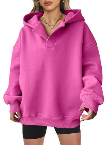 ANRABESS Womens Oversized Hoodies V Neck Sweatshirts Fleece Long Sleeve Pullover Y2K Clothes 2025 Fall Trendy Outfits hot pink L | Amazon (US)