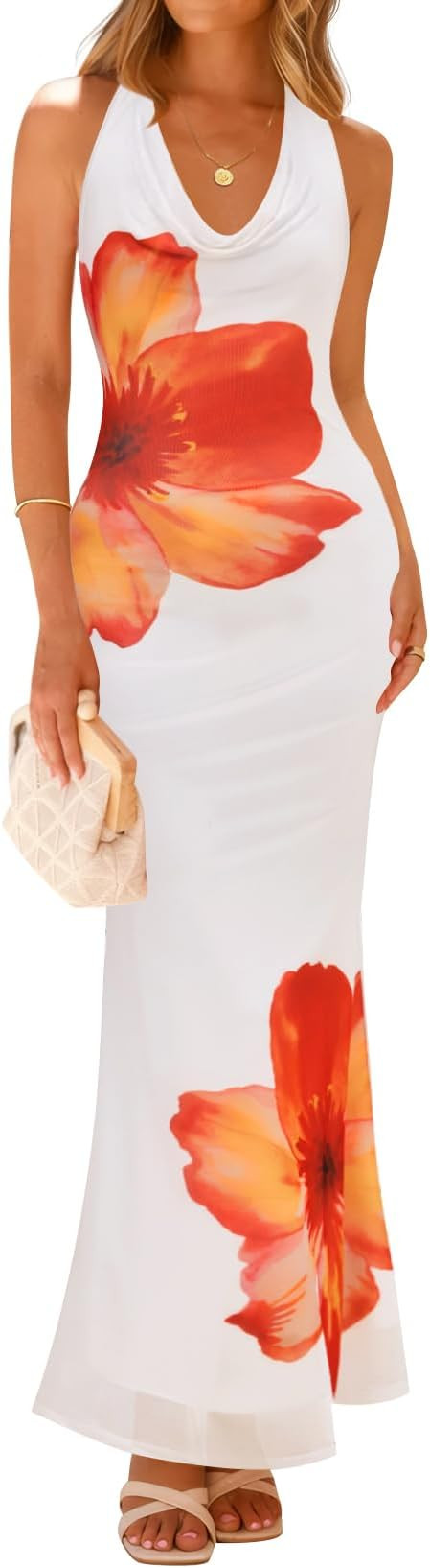 ZESICA Women's 2026 Summer Halter Neck Floral Print Maxi Dress Sleeveless Backless Wedding Guest ... | Amazon (US)