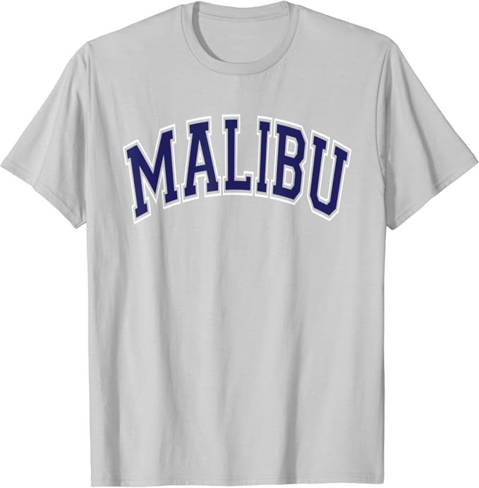 Malibu California CA Varsity Style Navy Blue Text T-Shirt | Amazon (US)