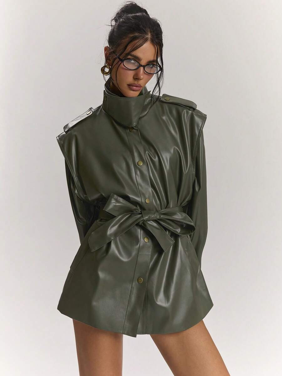 SHEIN BAE Women Deep Olive Green Faux Leather Trench Coat With Structured Stand Collar, Short Cropped Jacket With Belt & Epaulettes, Edgy Chic For Street Style | SHEIN