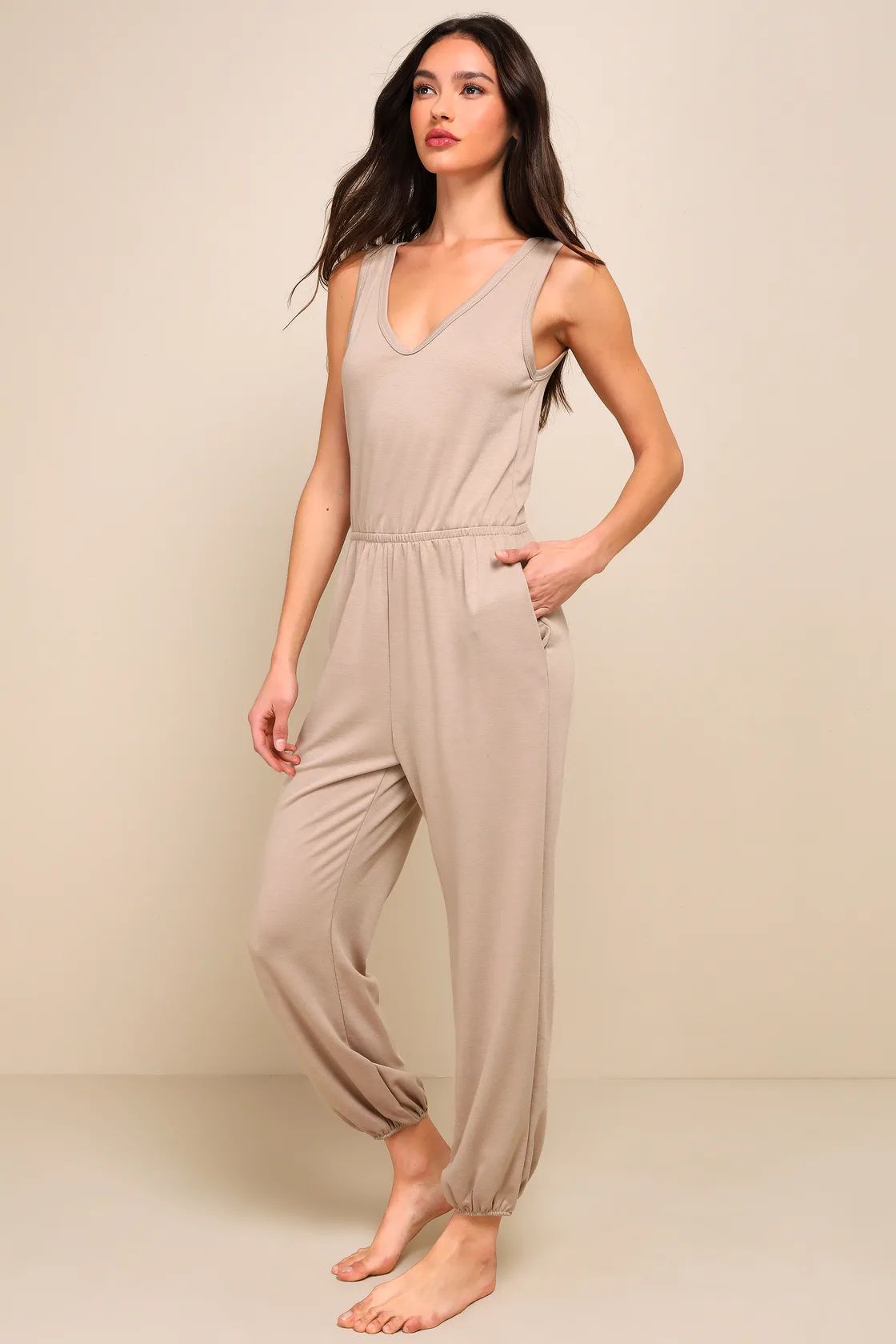 Born to Lounge Taupe Terry Knit Sleeveless Lounge Jumpsuit | Lulus