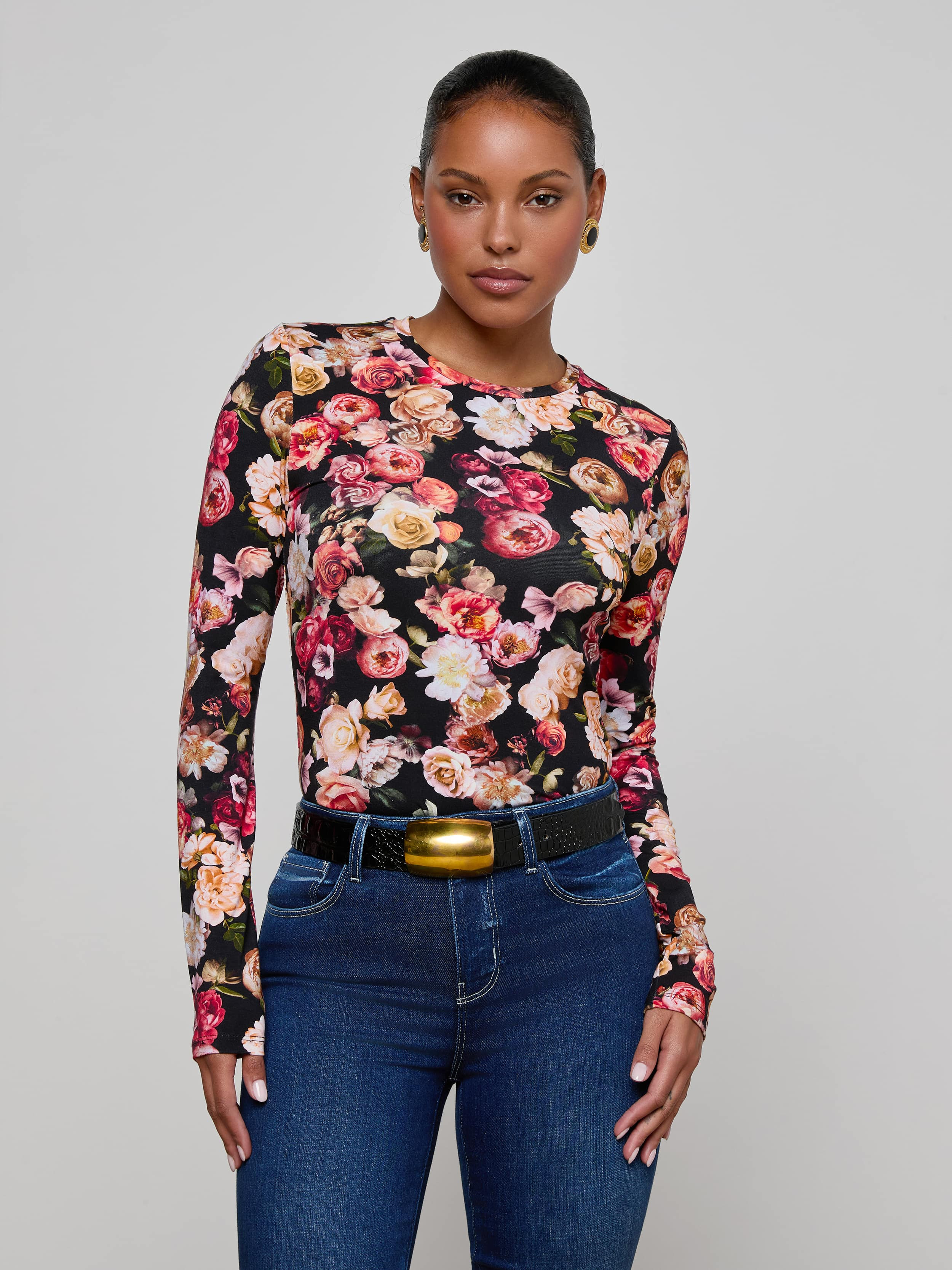 Tess Long-Sleeve Tee in Multi Cluster Floral | L'AGENCE | L'Agence