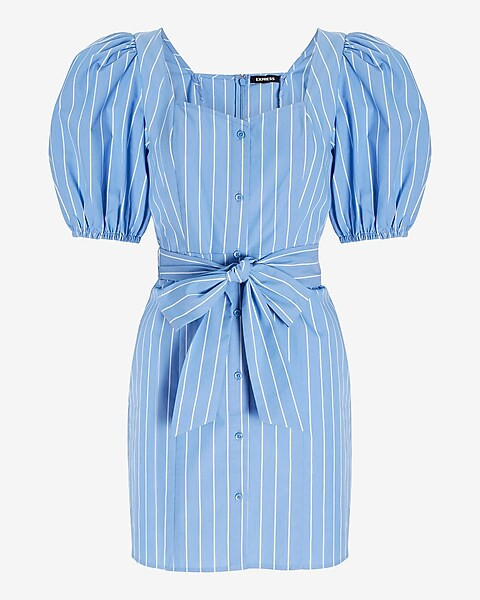 Striped Puff Sleeve Tie Waist Mini Dress | Express