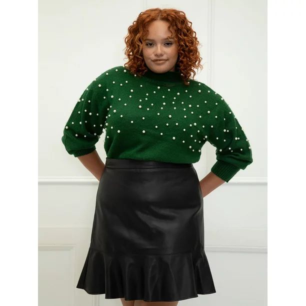 ELOQUII Elements Women's Plus Size Pearl Embellished Sweater - Walmart.com | Walmart (US)