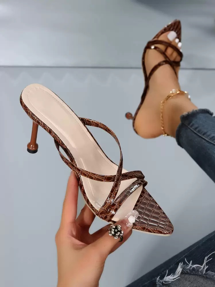 Women Crocodile Embossed Stiletto Heeled Mule Sandals, Fashion Summer Heeled Sandals | SHEIN