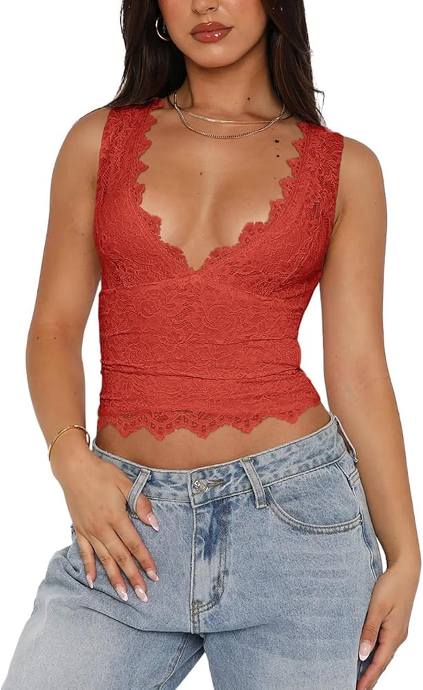 REORIA Womens Sexy V-Neck Sleeveless Double Lined Going Out Y2K Trendy Lace Cropped Tank Tops | Amazon (US)