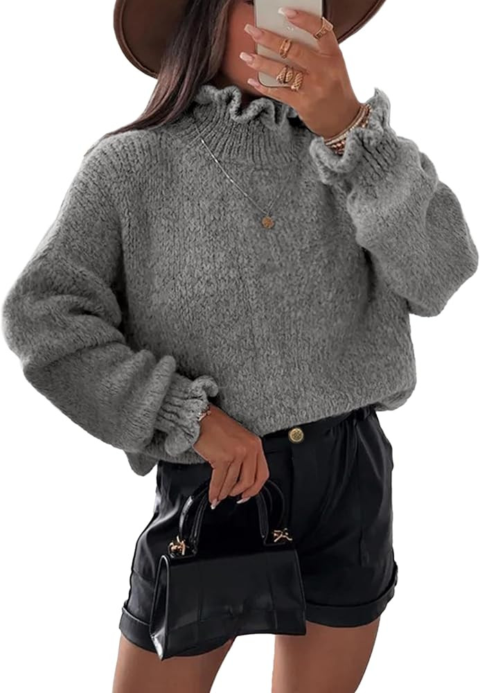Simplee Womens Oversized Long Sleeve Fall Sweaters Ruffle Turtleneck Chunky Knit Sweater Casual W... | Amazon (US)