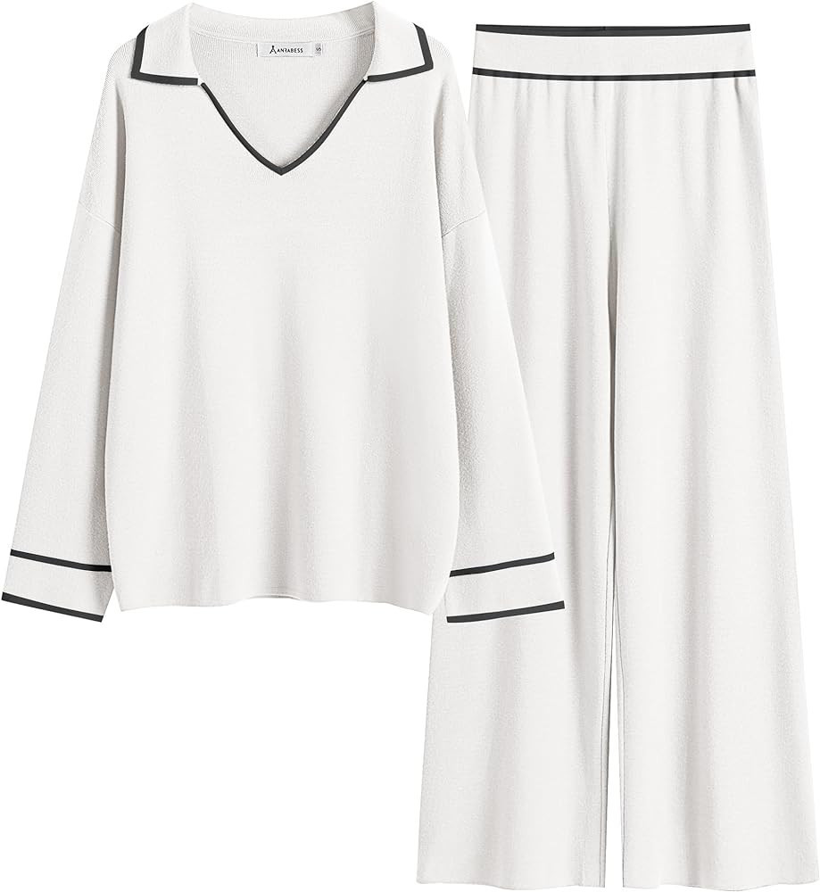 ANRABESS Womens 2 Piece Outfits Lounge Set V Neck Long Sleeve Knit Pullover Tops and High Waist W... | Amazon (US)