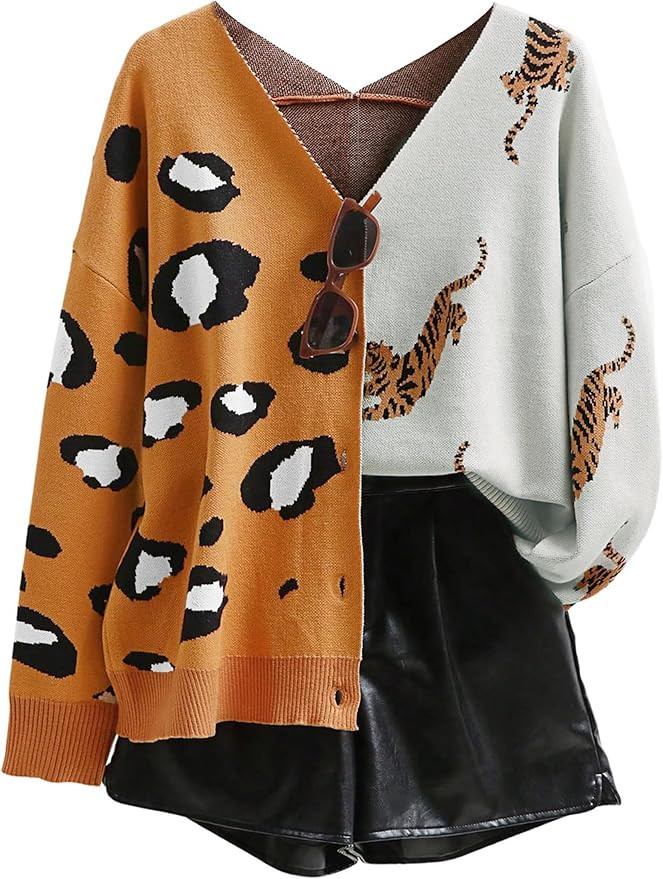 DERAX Women's Oversized Leopard Tiger Print Cardigan Sweaters V Neck Long Sleeve Color Block Loos... | Amazon (US)