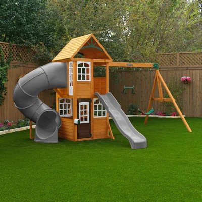 Kennedy Springs Wooden Outdoor Swing Set with Slide and Rock Wall | Wayfair North America