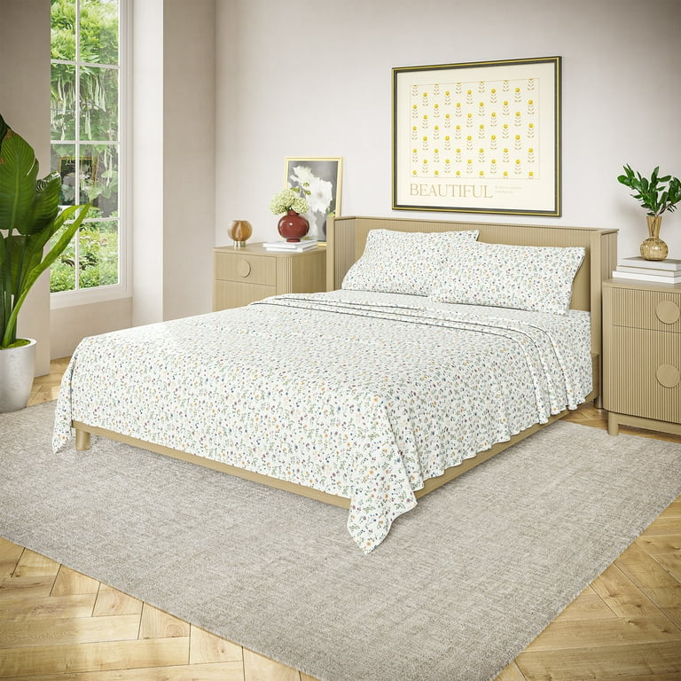Beautiful Botanical 4-Piece 100% Cotton Percale White Sheet Set, King by Drew Barrymore - Walmart... | Walmart (US)