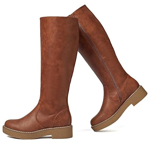 Women's Knee High Boots - Stylish and Comfortable Round Toe Riding Boots with Side Zipper Closure for Fall and Winter Wear For Women.GR23002 Brown PU Size10 | Amazon (US)