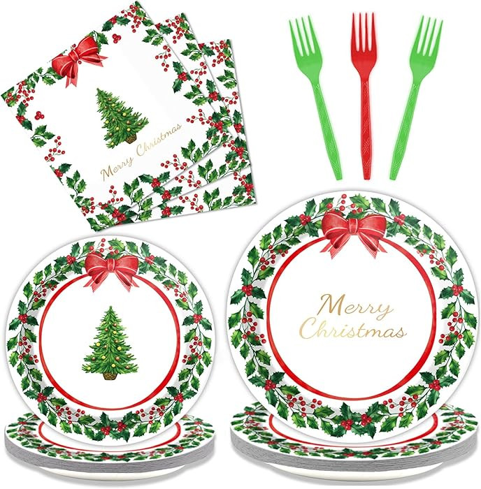 gisgfim 96 Pcs Christmas Paper Plates Napkins Party Supplies Holly Leaf Party Tableware Decoratio... | Amazon (US)